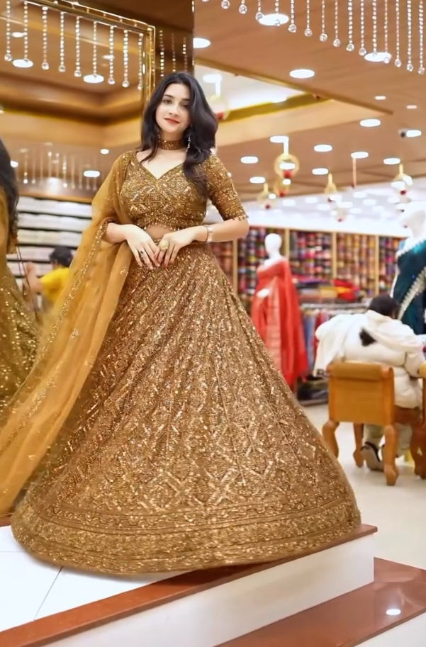 Brown Color Sequence Work Soft Net Lehenga Choli