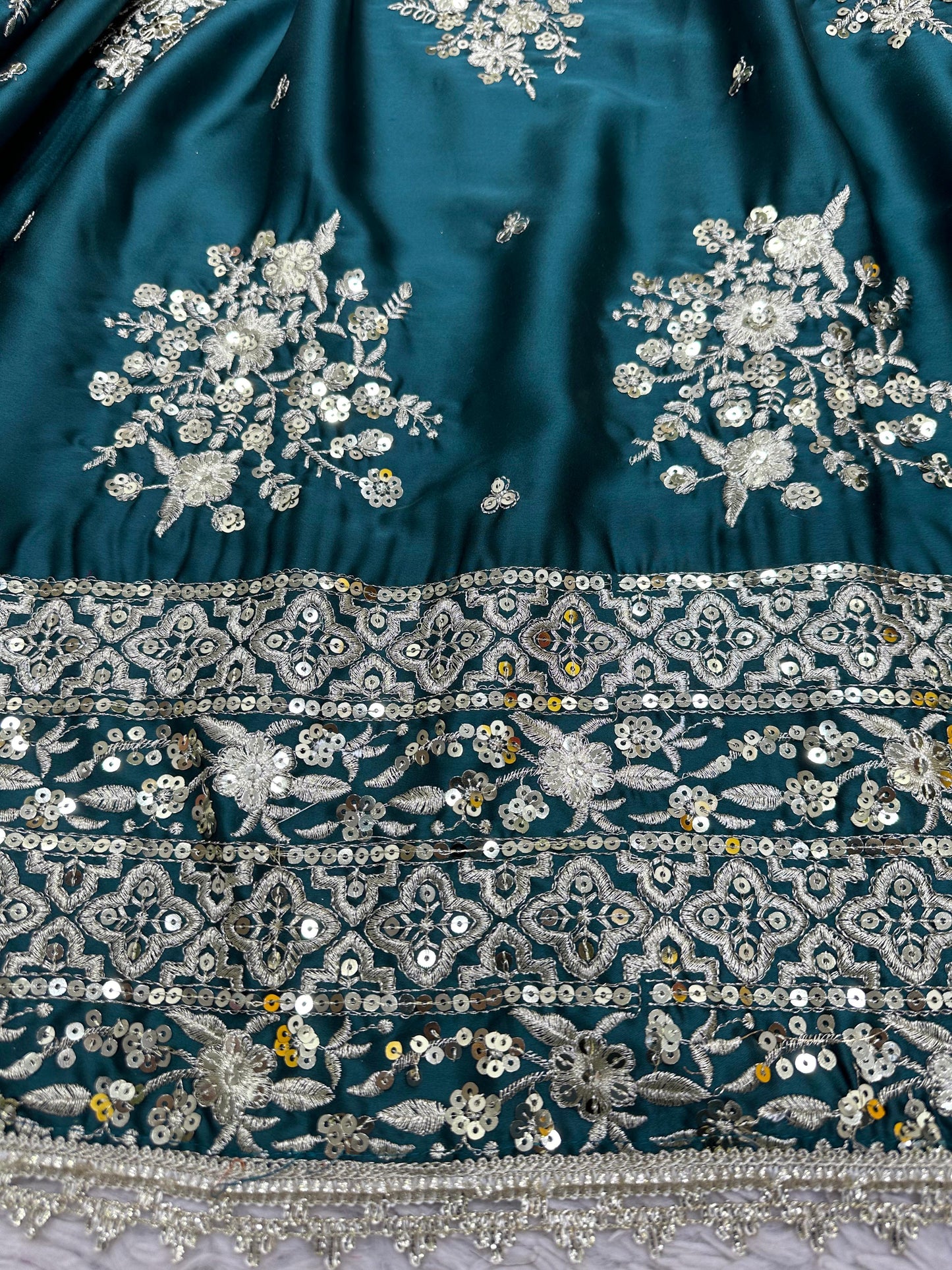 Rama Color Silk Thread Sequence Embroidered Lehenga Choli