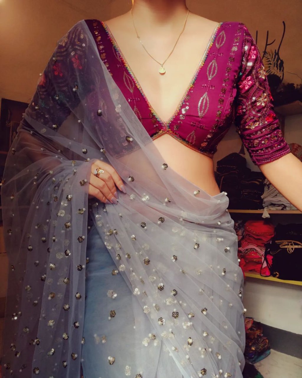 Wedding Wear Soft Net Sequence Work Butti Saree with Heavy Work Blouse