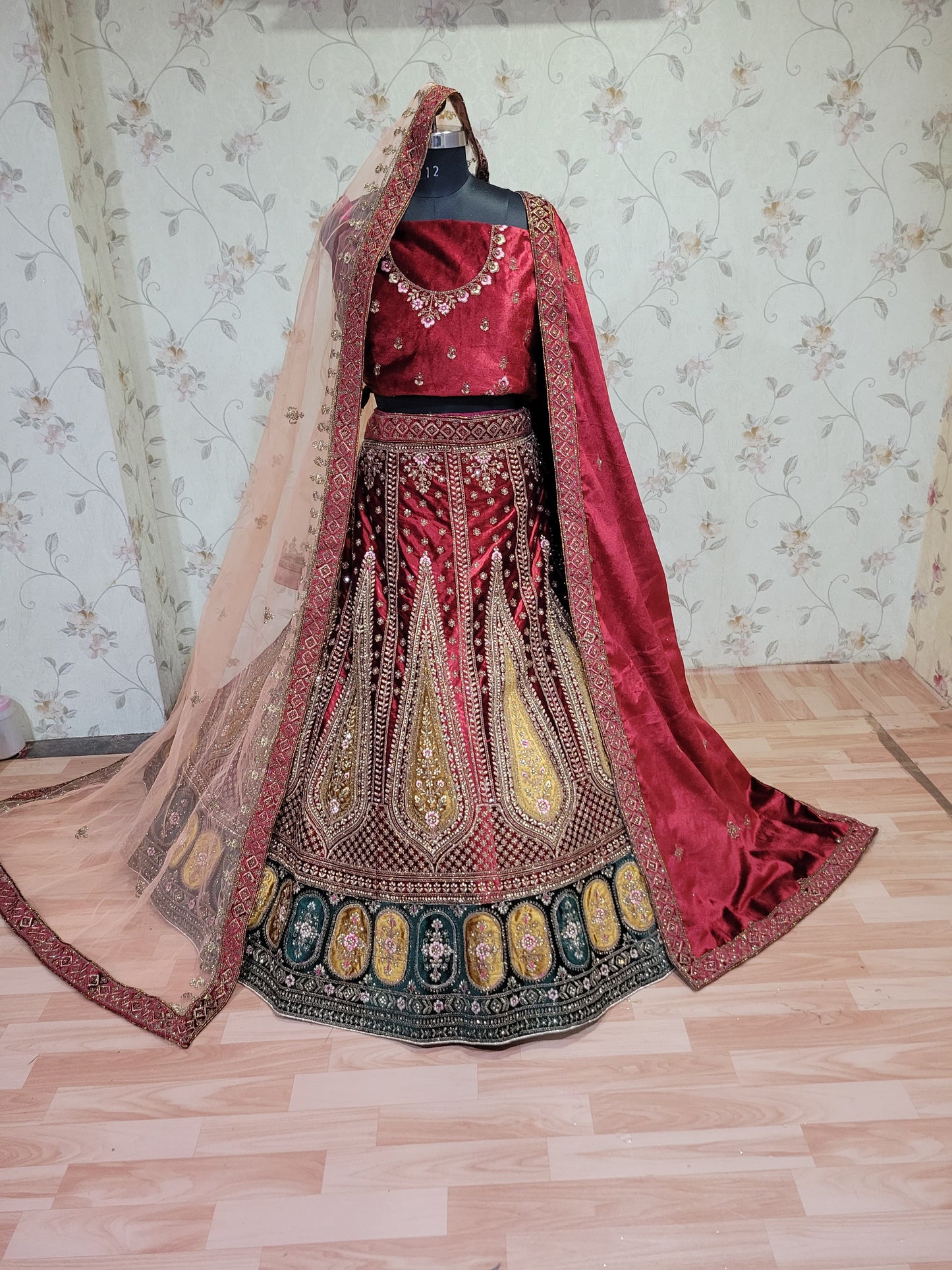 Bridal Wear Heavy Pure Lycra Velvet Zarkan Work Multi Colour Double Duppata & Double Cancan Bridal Lehenga Choli