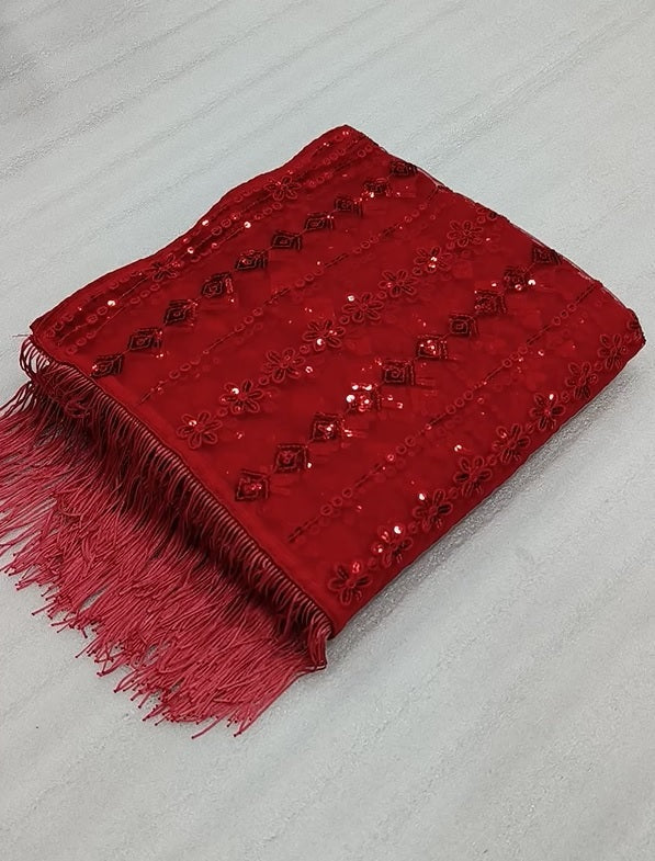 Party Wear Red Soft Net Sequence Work Designer Saree With Embroidered Blouse