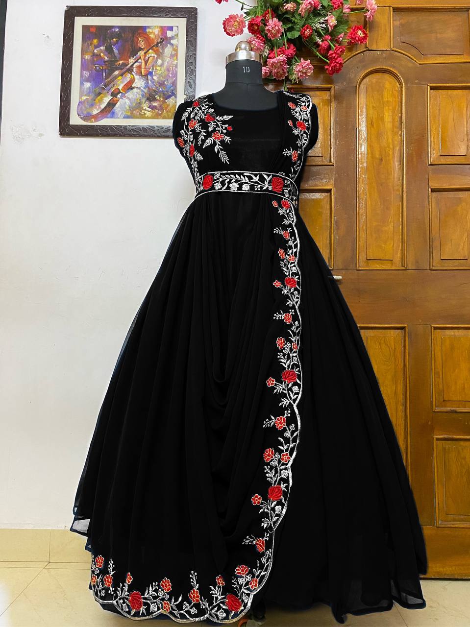 Party Wear Stylish Georgette Embroidered Cross Designer Gown with Belt