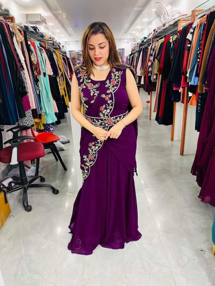 Party Wear Stylish Georgette Embroidered Cross Designer Gown with Belt