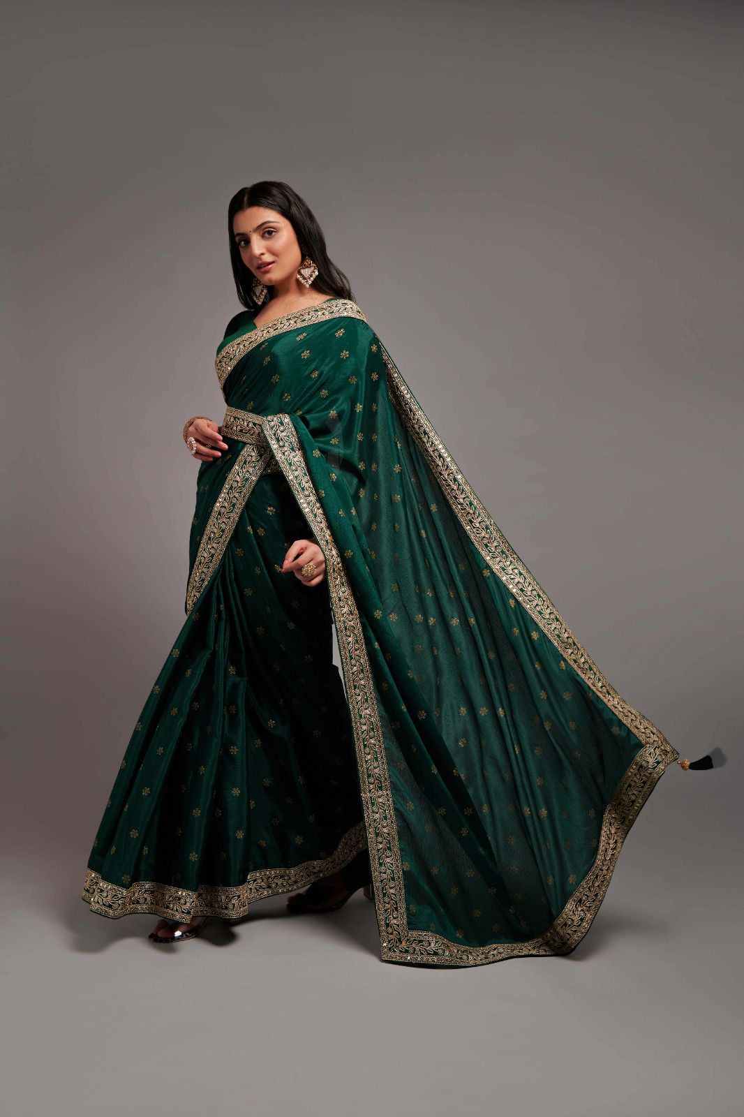 Designer Green Color Chinon Silk All Over print and Coding Work Saree teeya