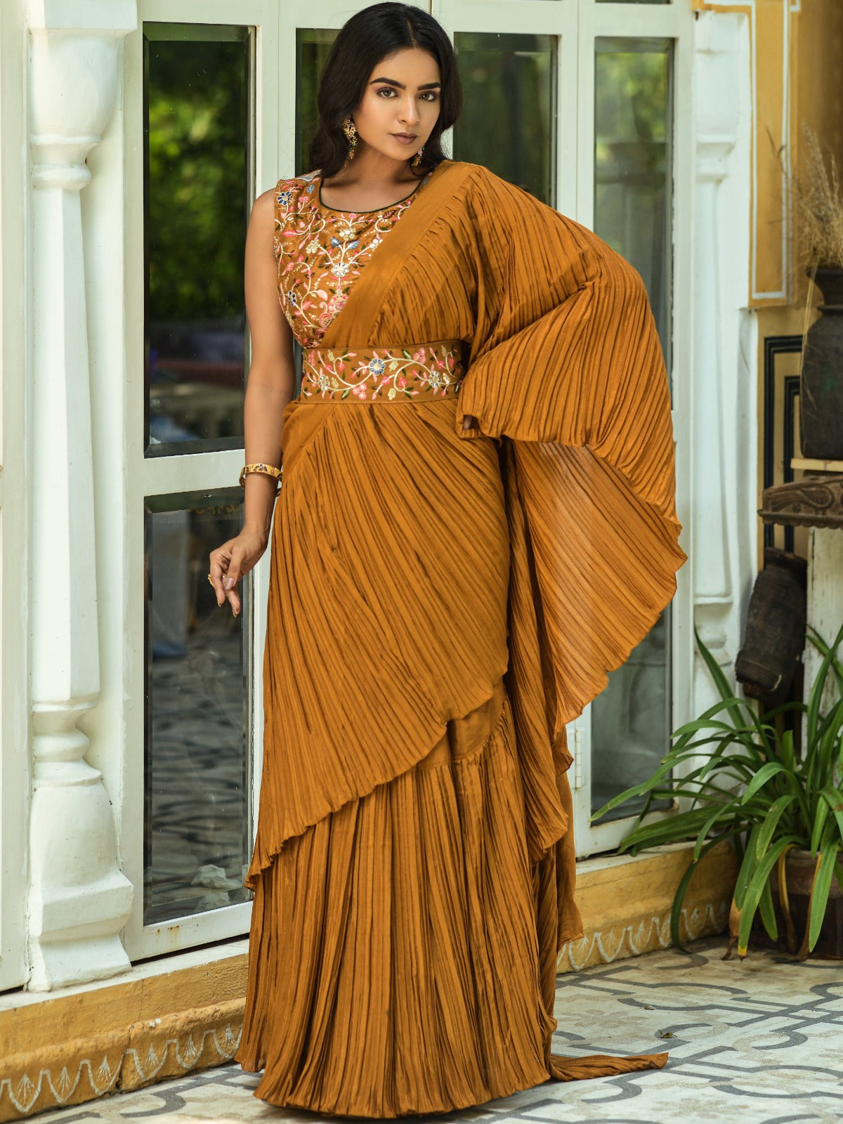 Chinnon Fabric With Half Half Crush Pleated Musturd Colour Party Wear Saree_teeya