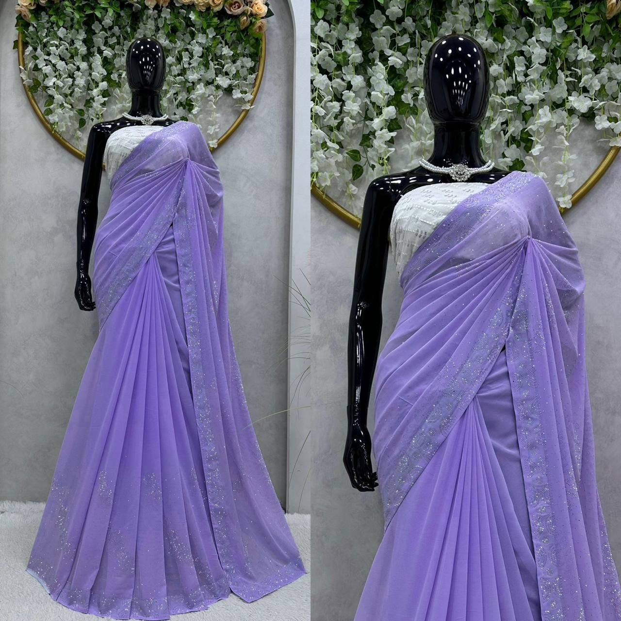 Looking Beautiful Designer Saree On Faux Georgette Febric With Hot Fix Work And Blouse Faux Georgette Febric With Thred With Sequence Work