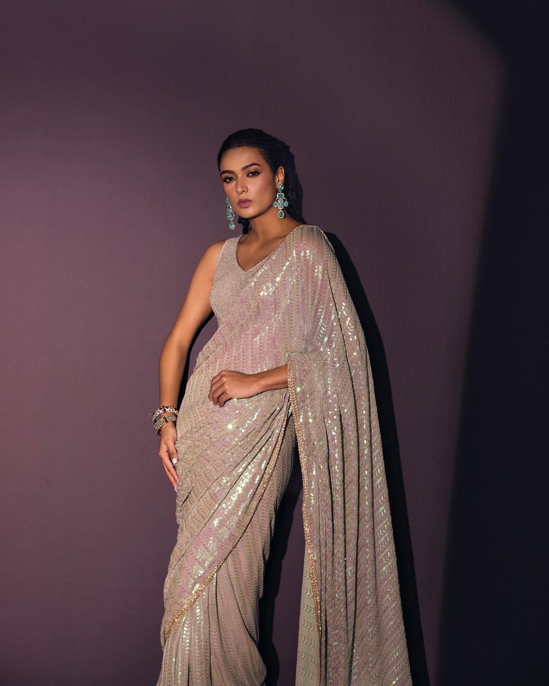 Party Wear Silver Colour Georgette Fabric with Embeoidery Work Saree