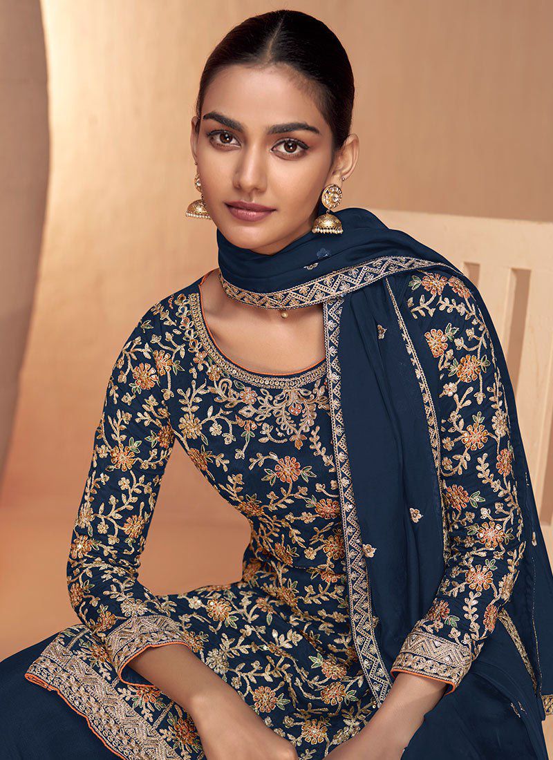 Designer Navy Blue Colour Chinon Fabric Embroidery Work Fully Stitched Suit