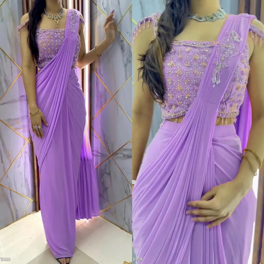 Ready to Wear 1 Min Ruffle Work Designer Saree with Stitched Blouse