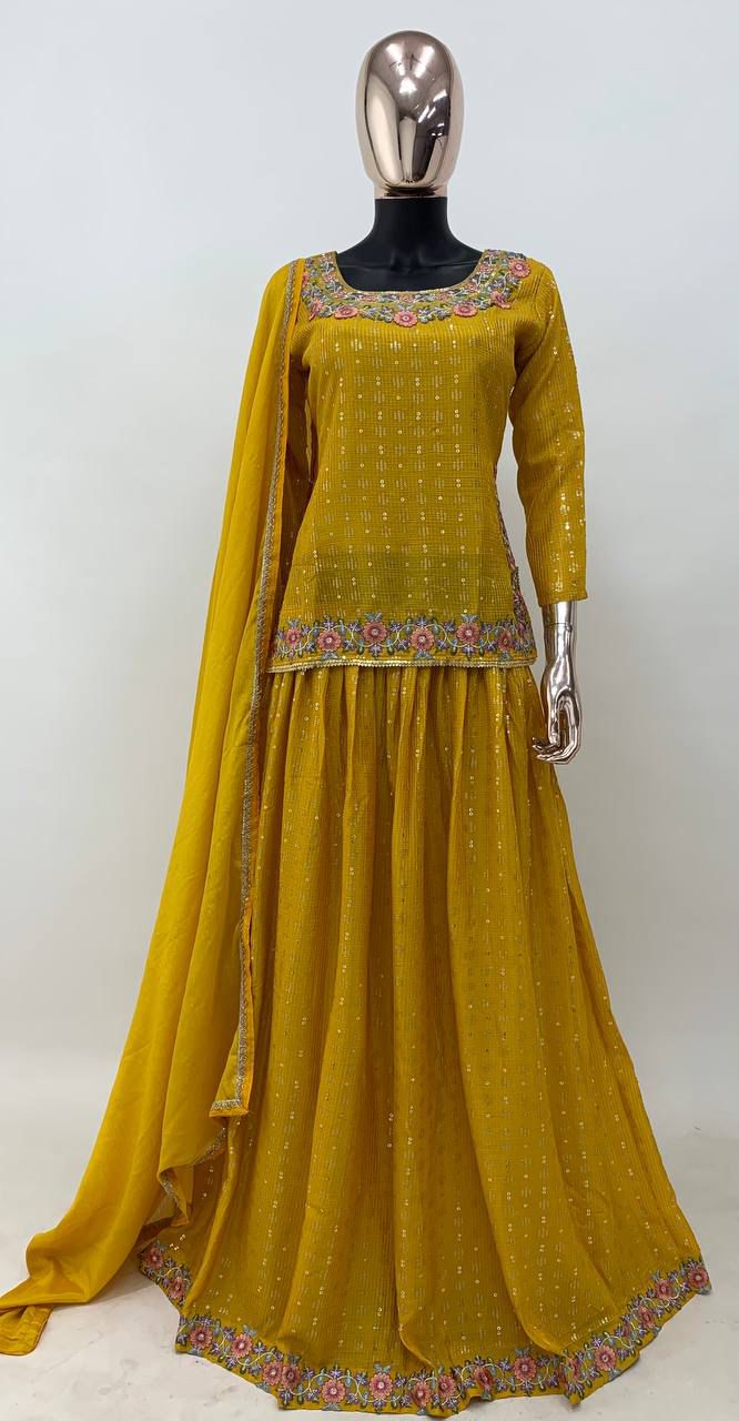 Haldi Function Wear Yellow Colour Chinon Fabric Embroidery Work Fully Stitched Suit