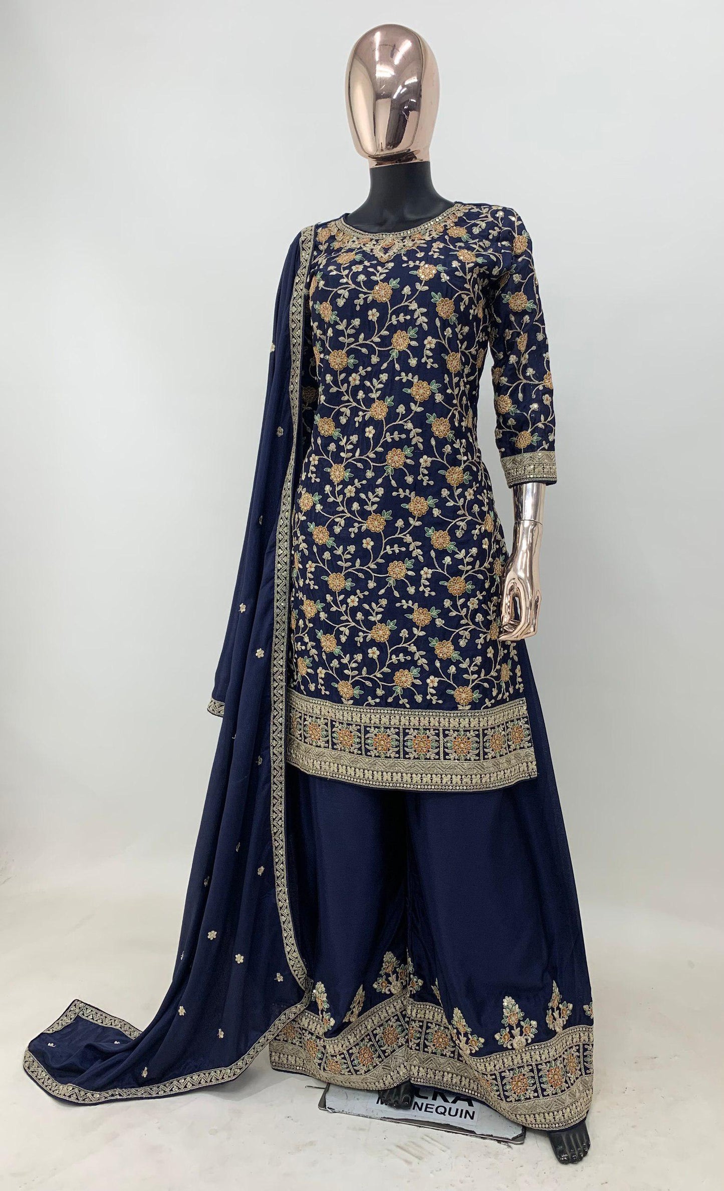 Designer Navy Blue Colour Chinon Fabric Embroidery Work Fully Stitched Suit