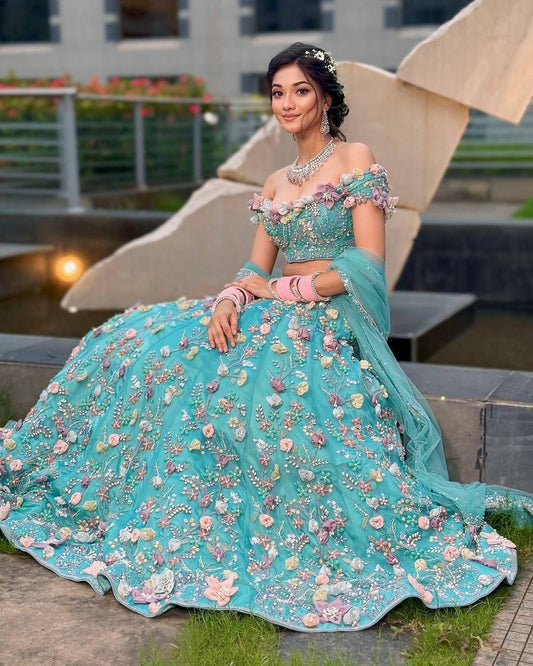 Skyblue Color Georgette 3D Flower Work Lehenga Choli