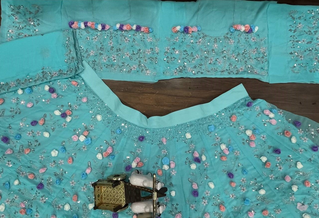 Skyblue Color Georgette 3D Flower Work Lehenga Choli