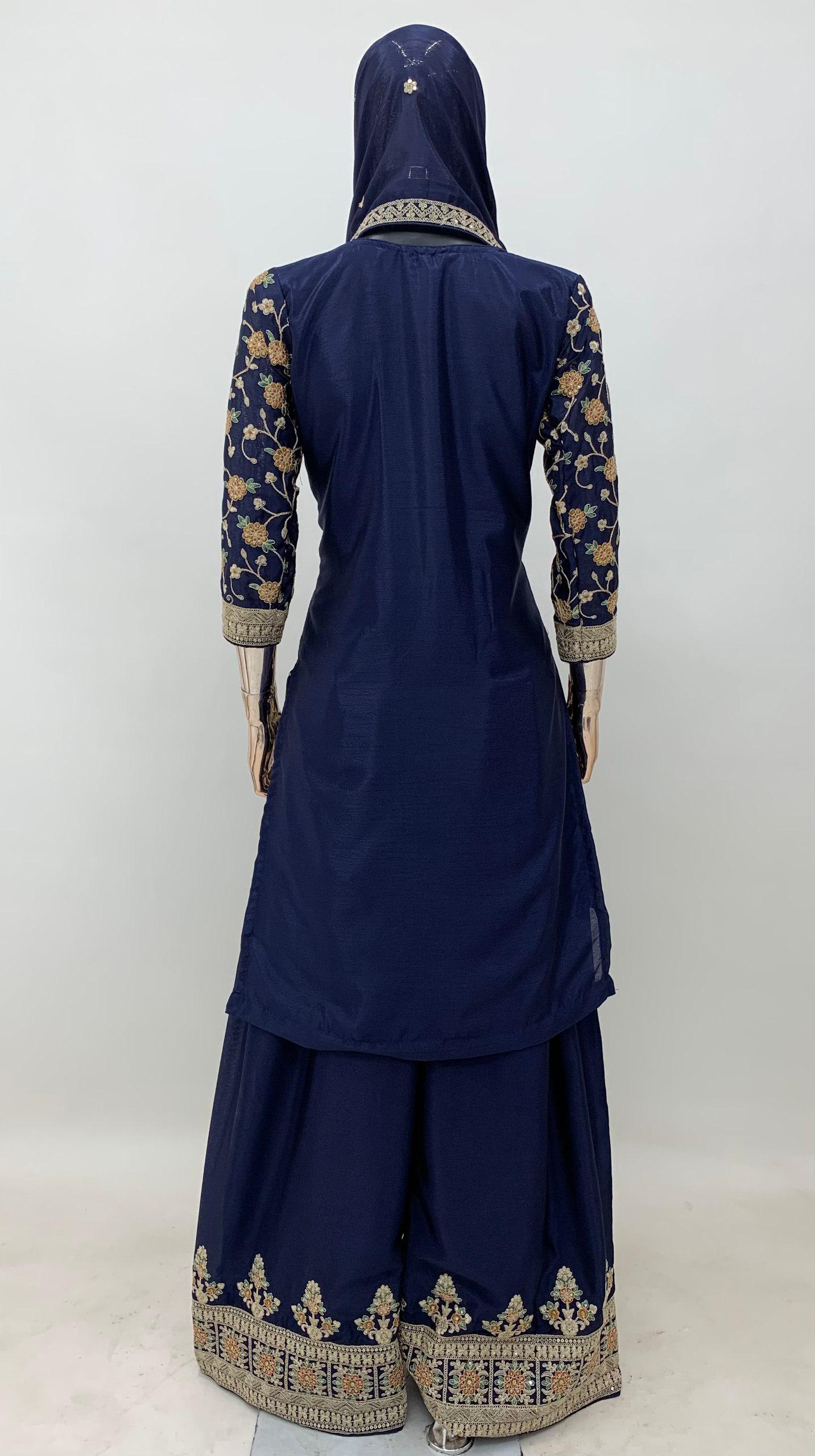 Designer Navy Blue Colour Chinon Fabric Embroidery Work Fully Stitched Suit