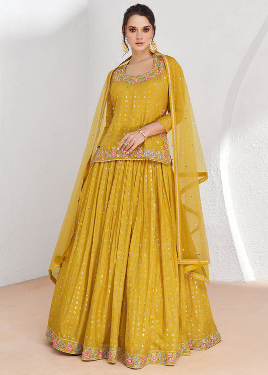 Haldi Function Wear Yellow Colour Chinon Fabric Embroidery Work Fully Stitched Suit