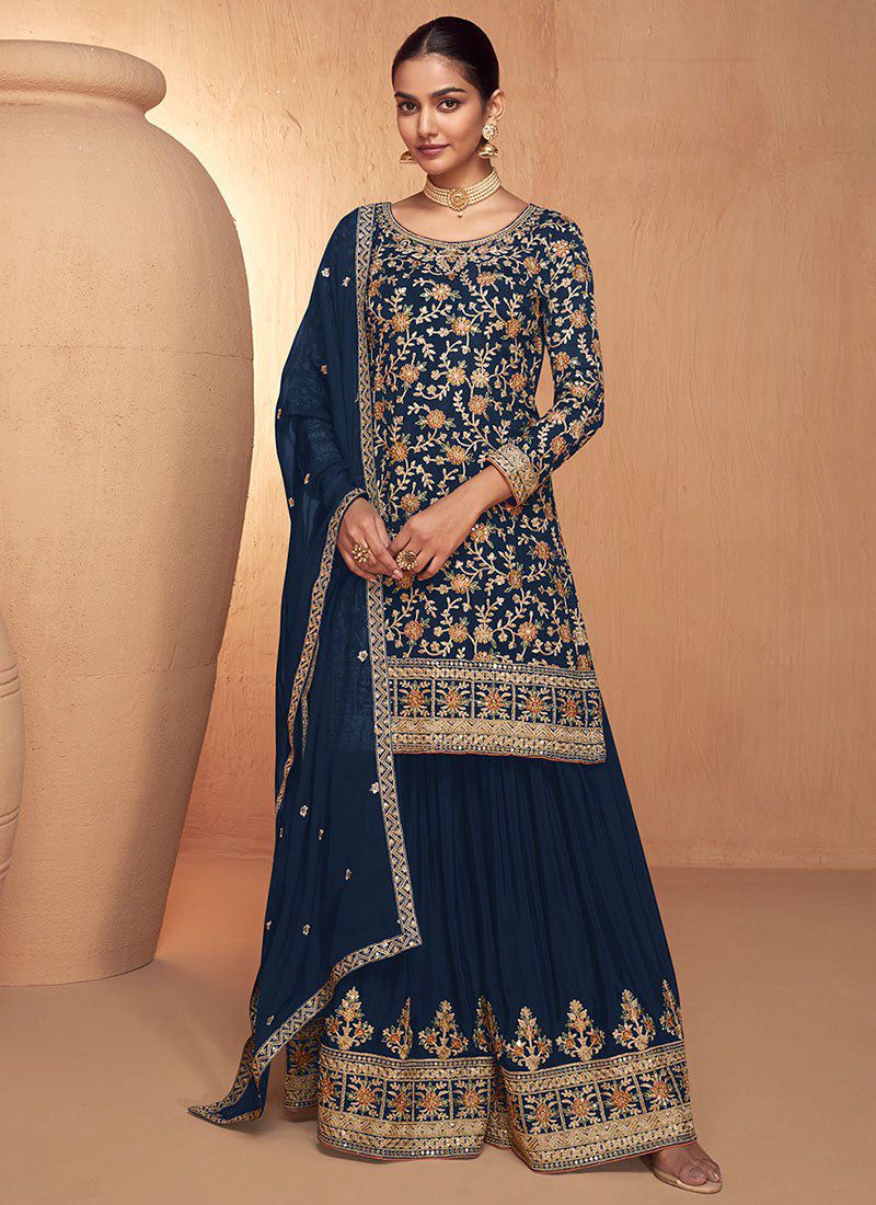 Designer Navy Blue Colour Chinon Fabric Embroidery Work Fully Stitched Suit