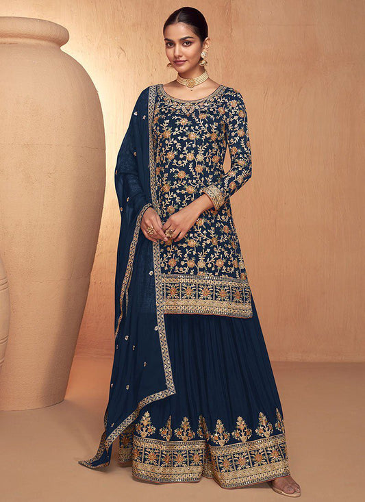 Designer Navy Blue Colour Chinon Fabric Embroidery Work Fully Stitched Suit