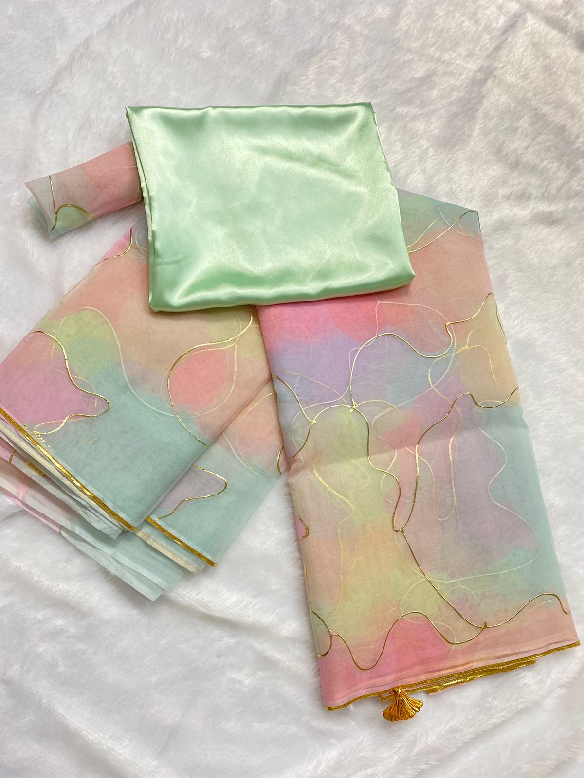 Attractive Pure Organza Silk With Hand Foil Print MultiColor Saree Blouse For Women