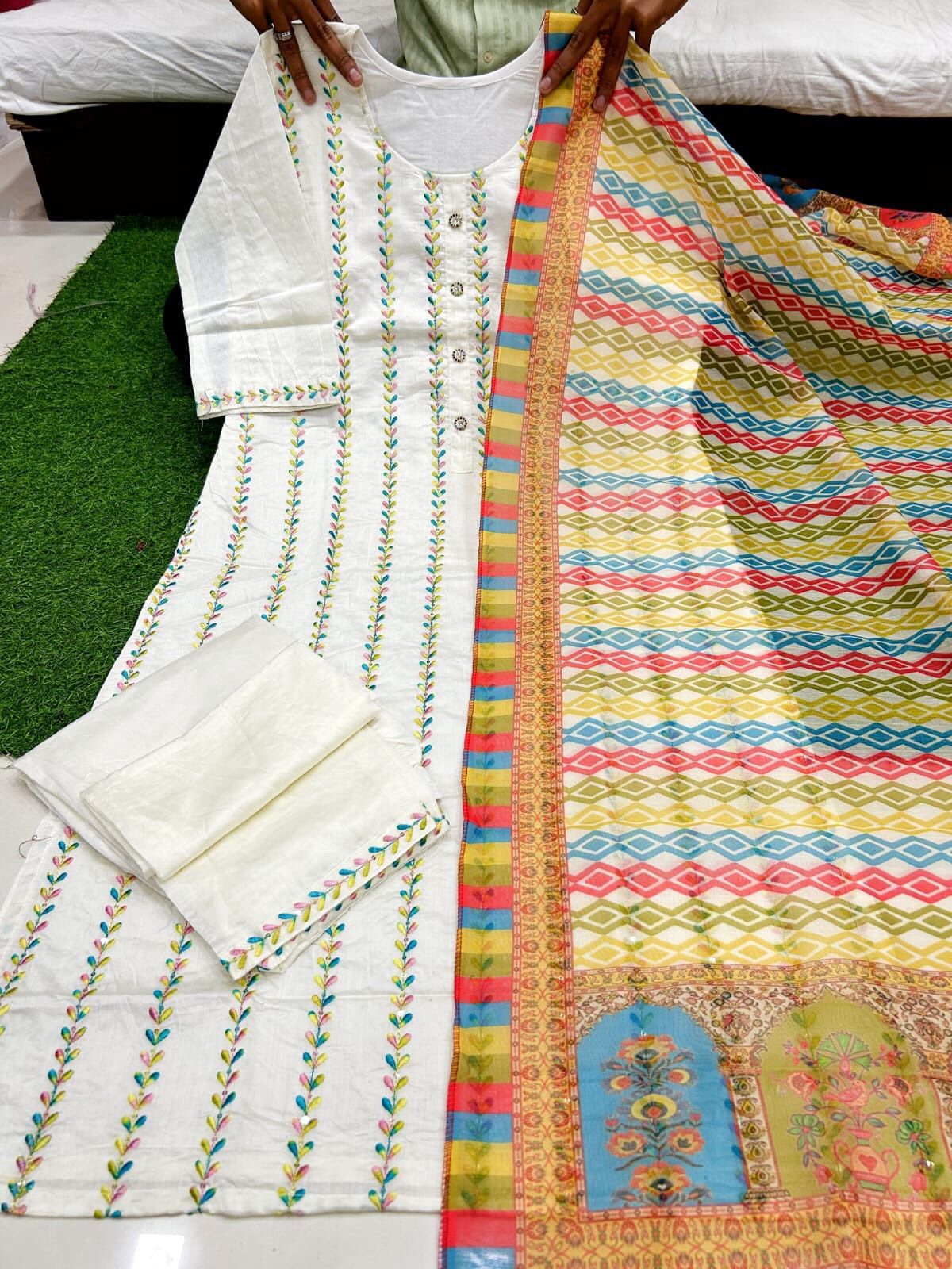 Cotton Silk Embroidered Readymade Kurti Pant Dupatta Set For Girls