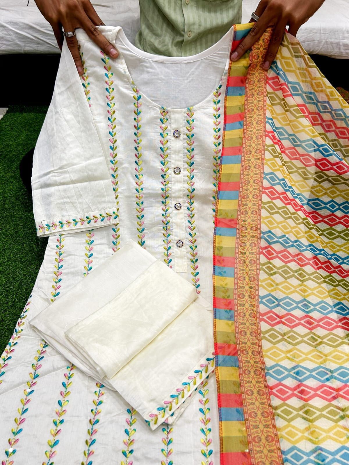 Cotton Silk Embroidered Readymade Kurti Pant Dupatta Set For Girls