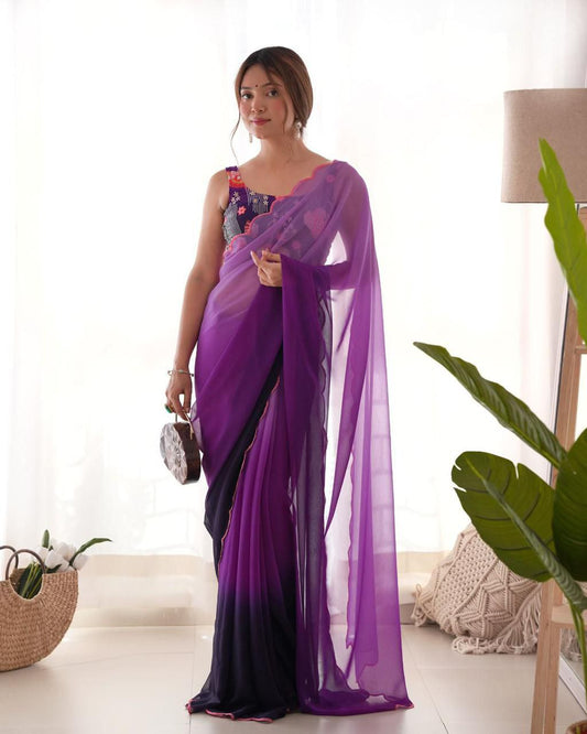 Purple Black Georgette Dual Shaded Saree with Work Blouse