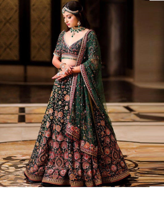 Wedding Wear Green Color Georgette Heavy Embroidered Work Lehenga