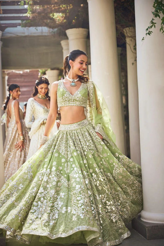 Wedding Wear Pista Color Georgette Embroidered Lehenga Choli