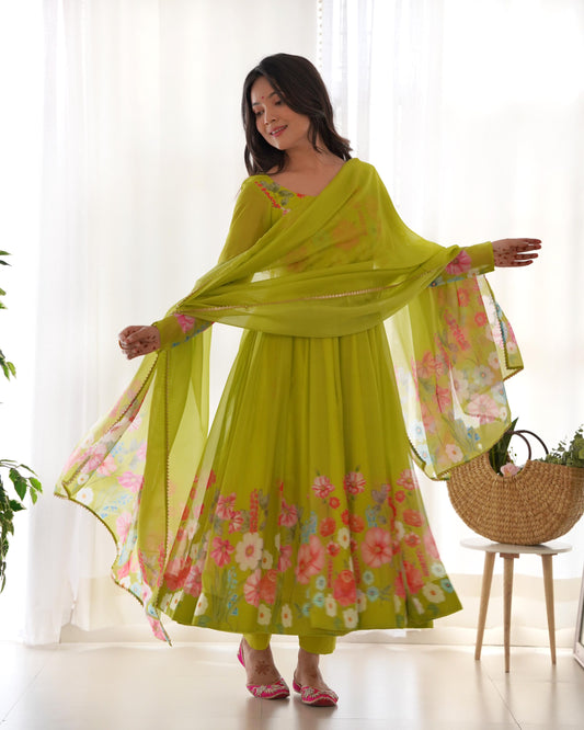 Green Organza Silk Printed Jari Work Anarkali Gown Set With Pant Dupatta