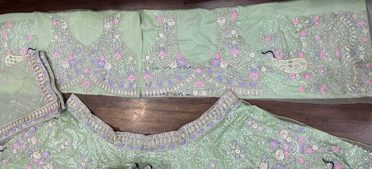 Wedding Wear Pista Color Net Coding Work Lehenga Choli