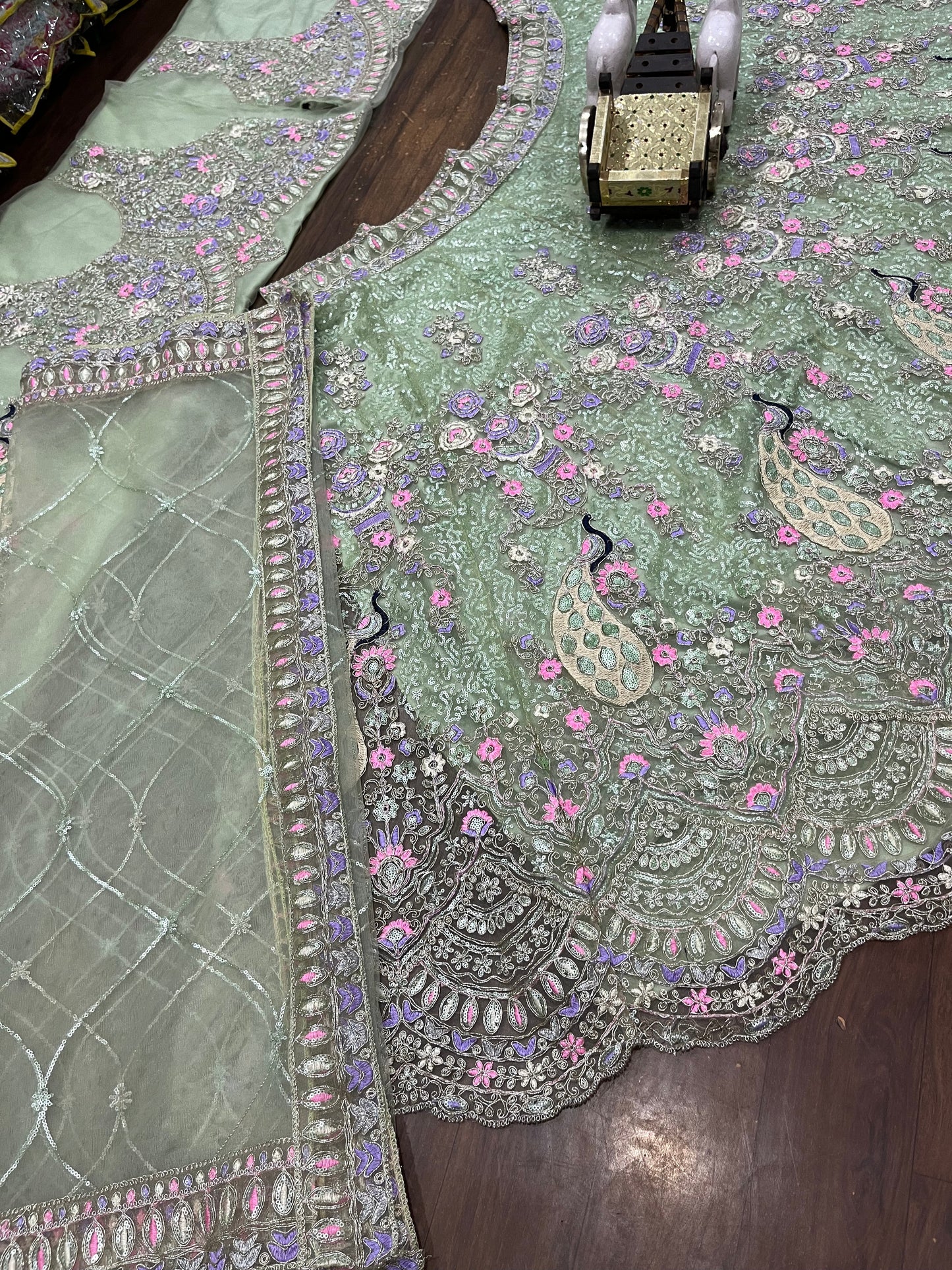 Wedding Wear Pista Color Net Coding Work Lehenga Choli