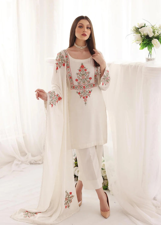 Beautiful Ivory Georgette Full Stitched Plazo Suit