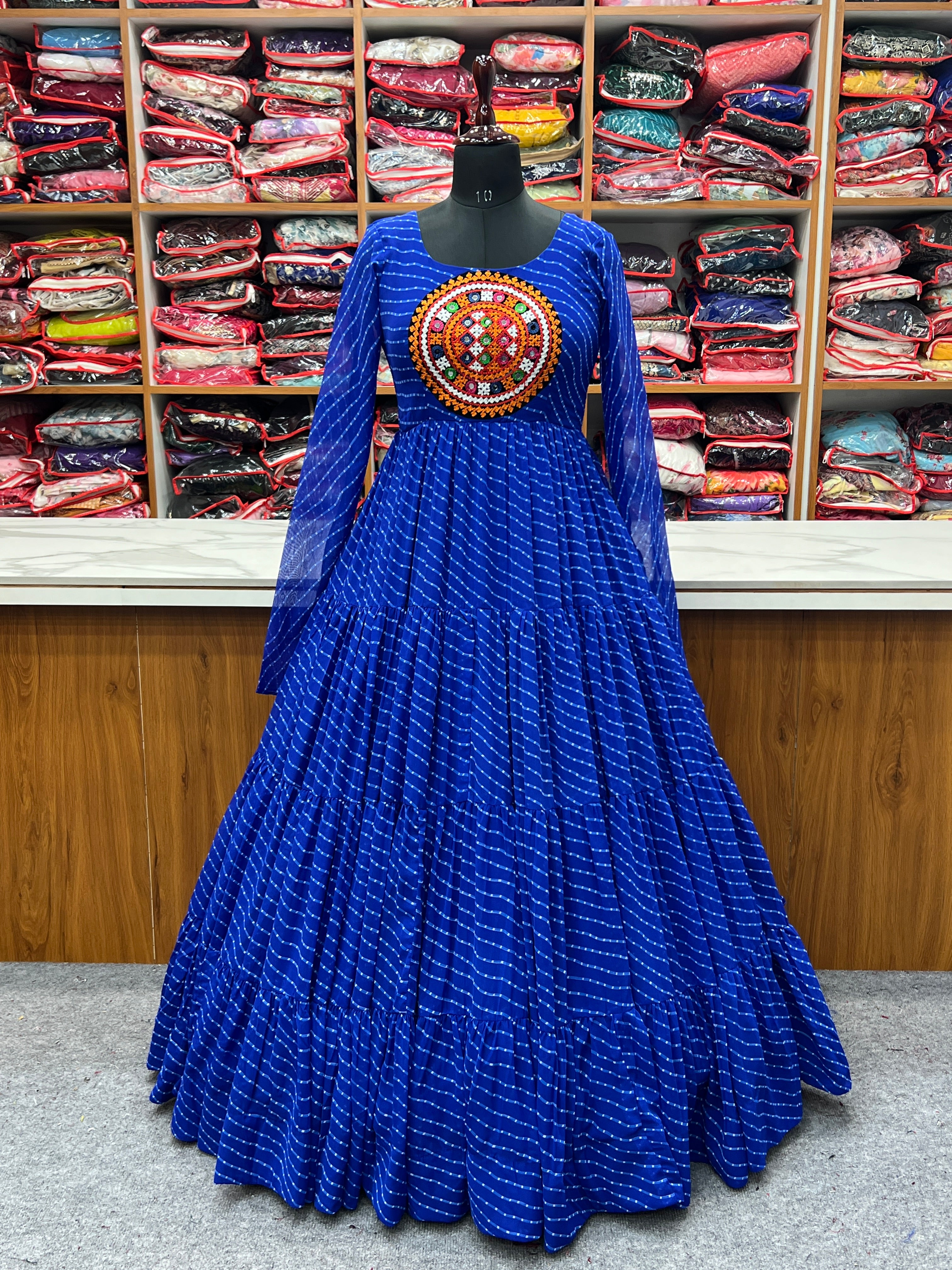 Navratri Wear Georgette Laheriya Print Fabric Long Flair Anarkali Gown Wholesale Outlet