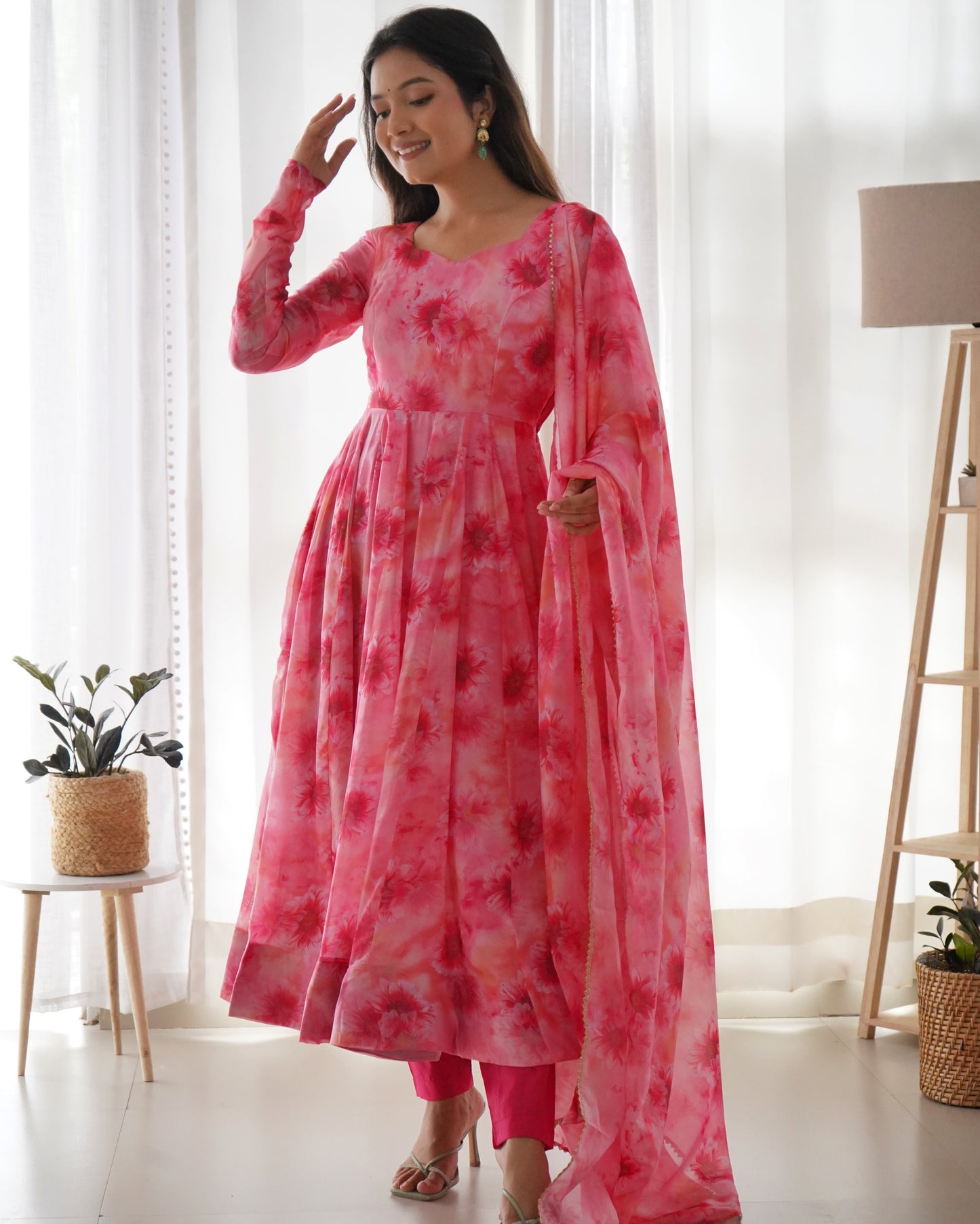 Pink Organza Silk Floral Printed Gown