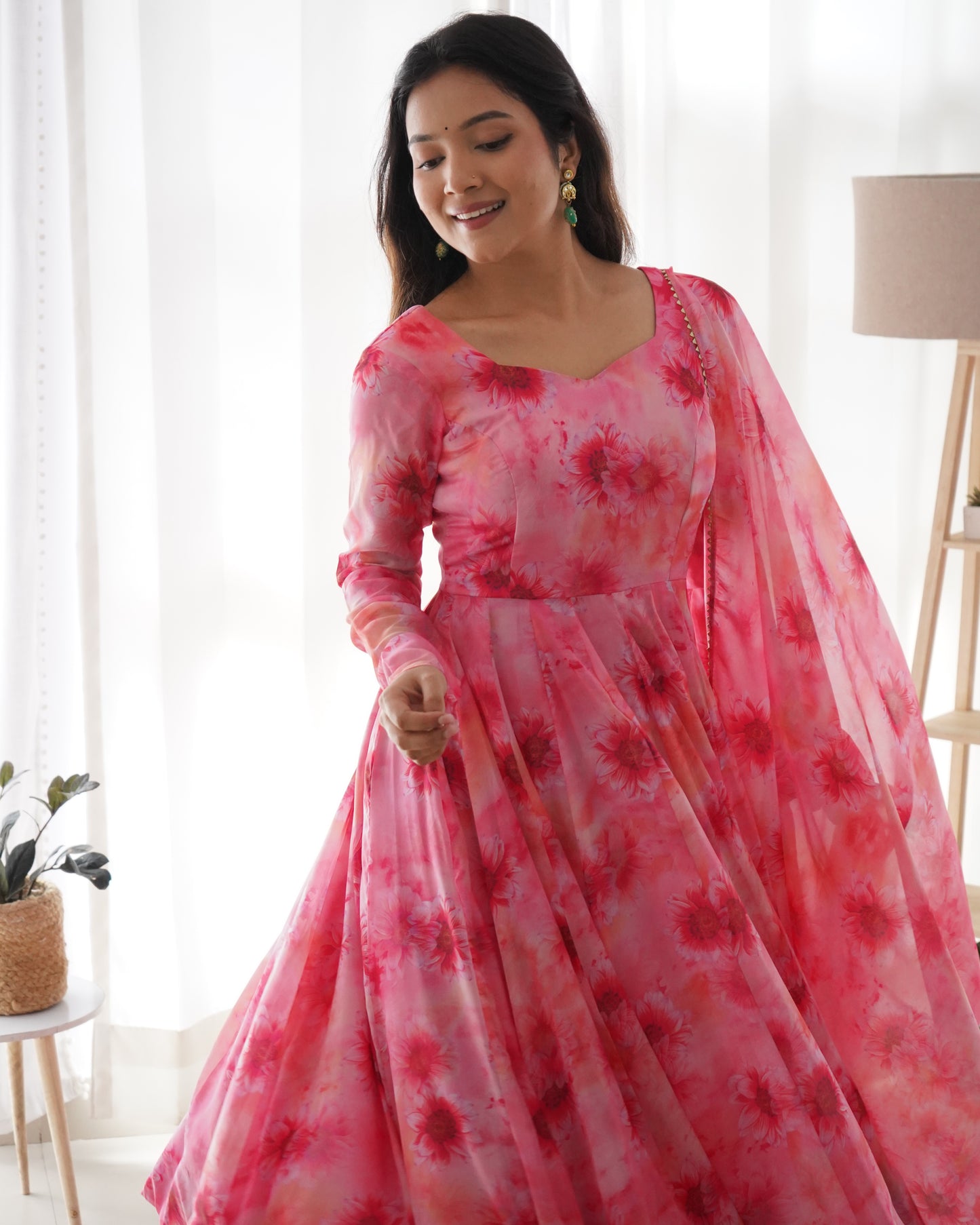Pink Organza Silk Floral Printed Gown