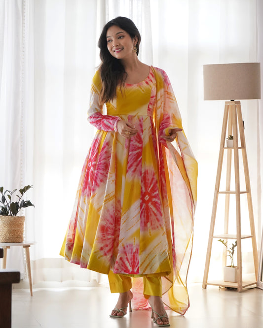 Colorful Pure Organza Silk Printed Full Stitched Anarkali Frock Set