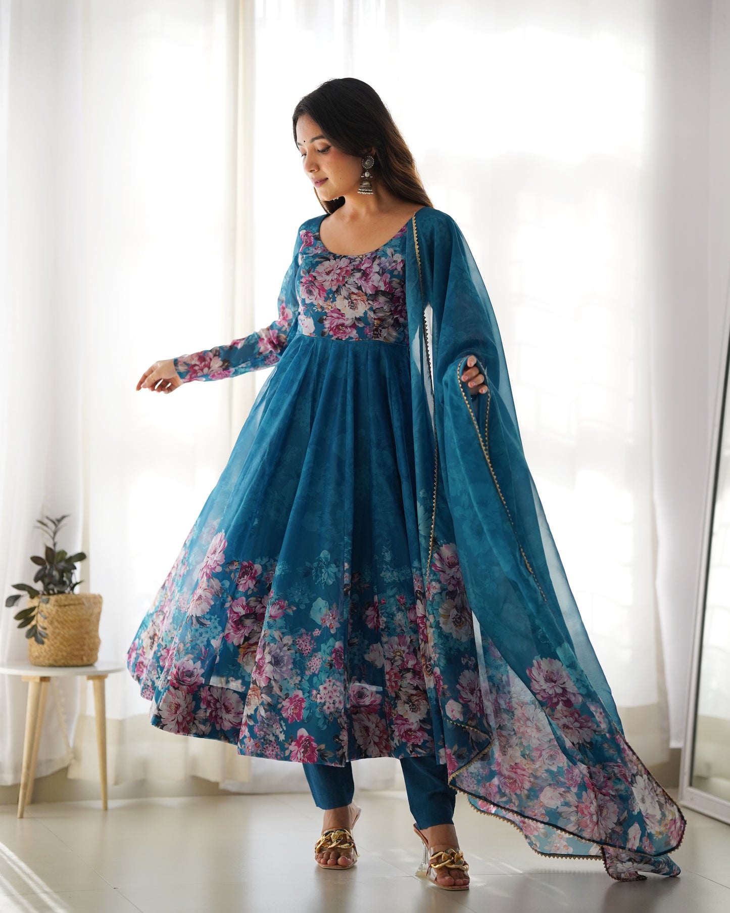 Party Wear Organza Silk Ready To Wear Anarkali Gown