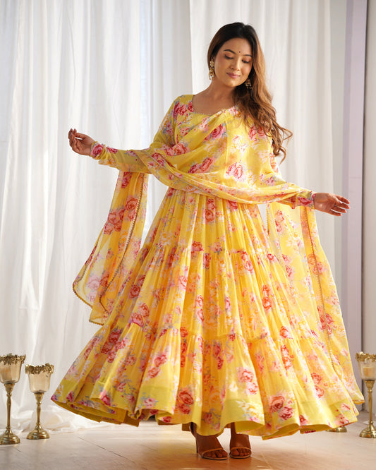 Yellow Color Georgette Print Long Anarkali Style Stitched Suit Set