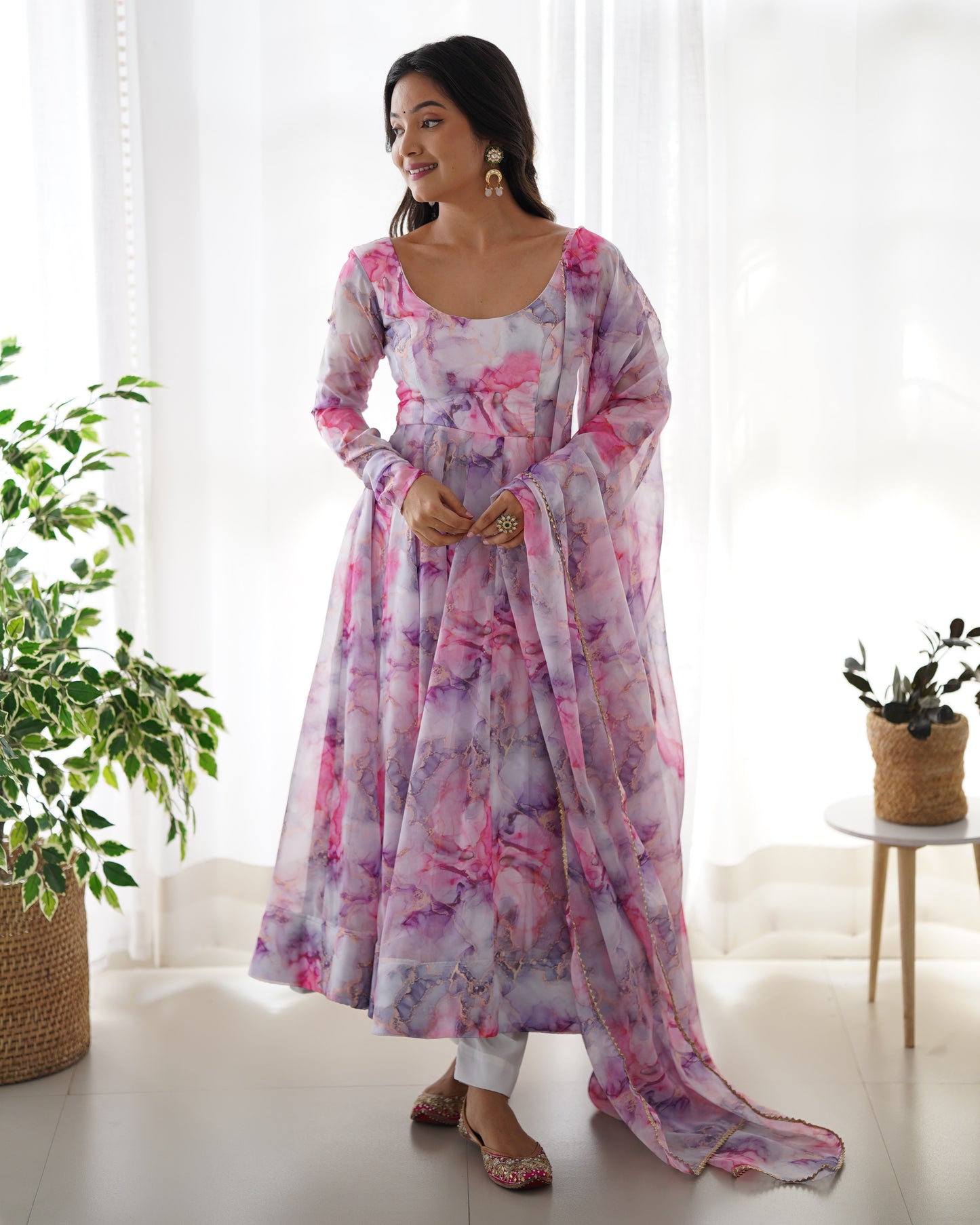 Pink Printed Organza Anarkali Suit