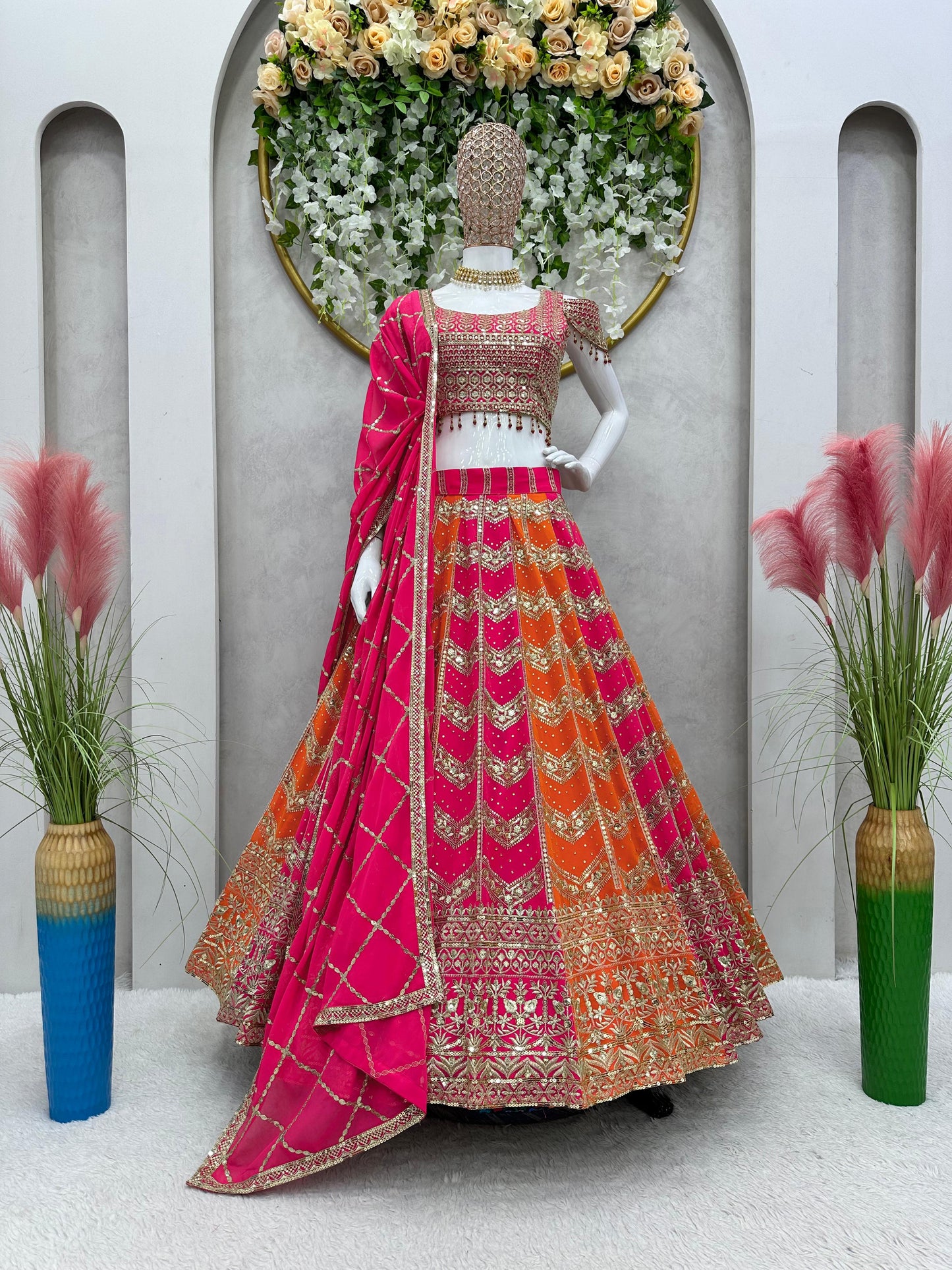 Designer Multi Color Georgette Sequence Work Wedding Wear Lehenga