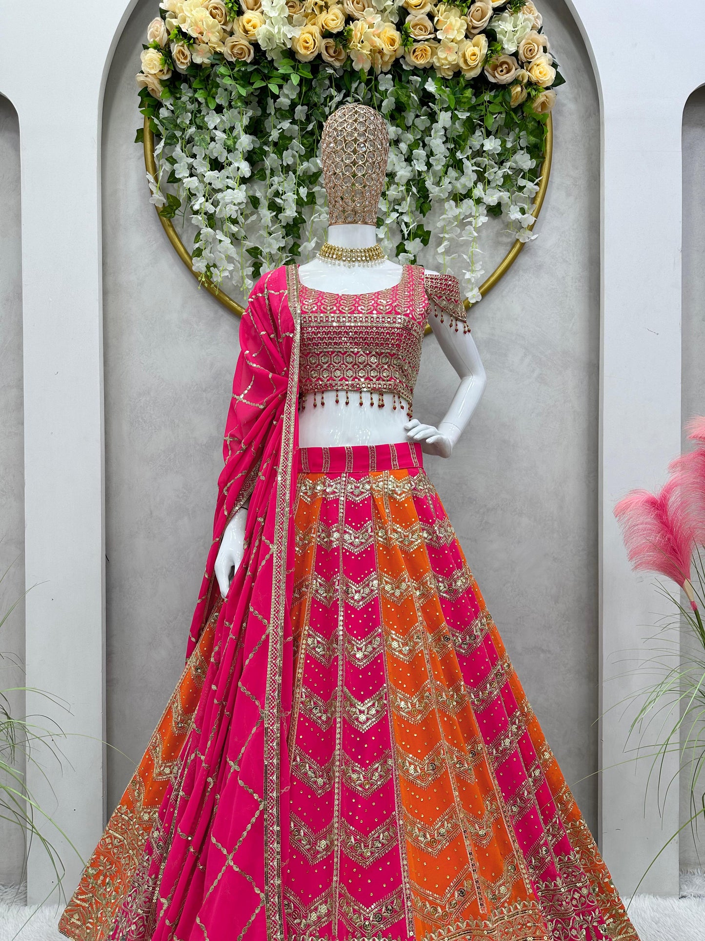Designer Multi Color Georgette Sequence Work Wedding Wear Lehenga