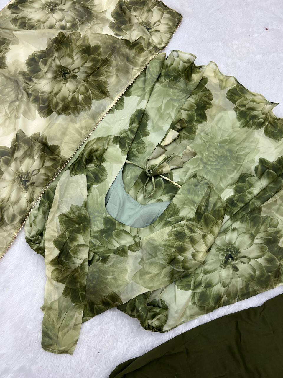 Mehendi Green Soft Organza Silk Printed Anarkali Gown Set Pant Dupatta