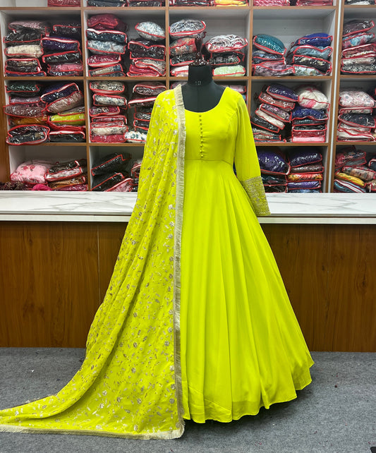 Parrot Green Color Georgette Gown with Work Dupatta