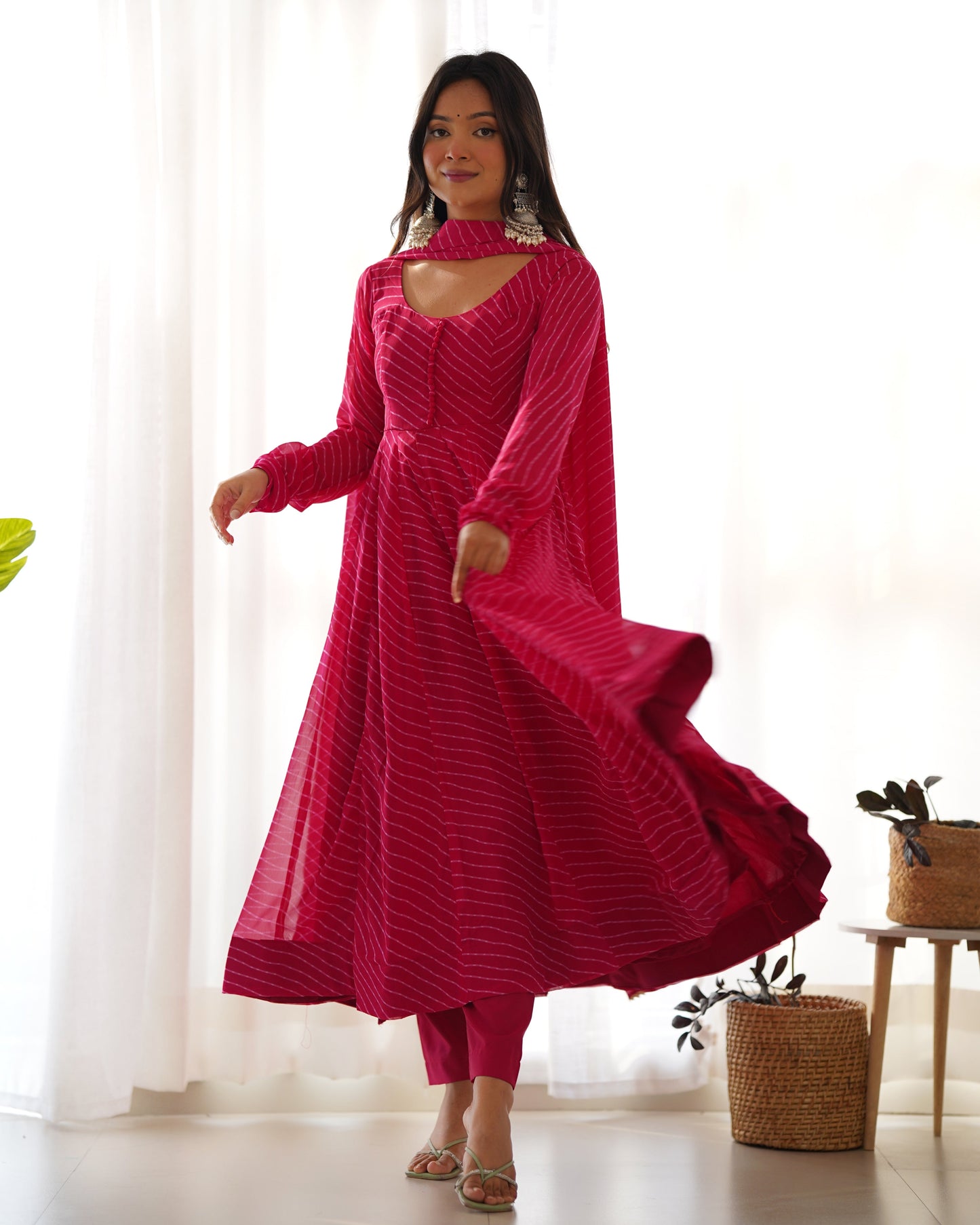 Pink Color Lehariya Printed Georgette Gown