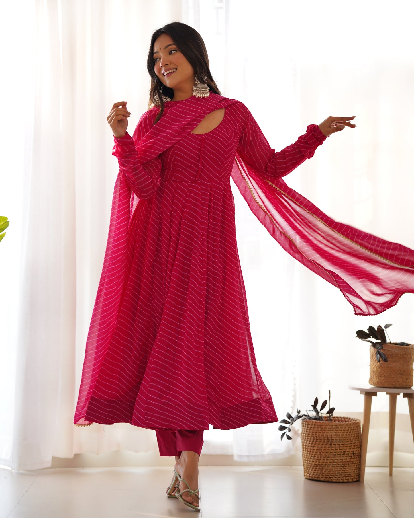 Pink Color Lehariya Printed Georgette Gown