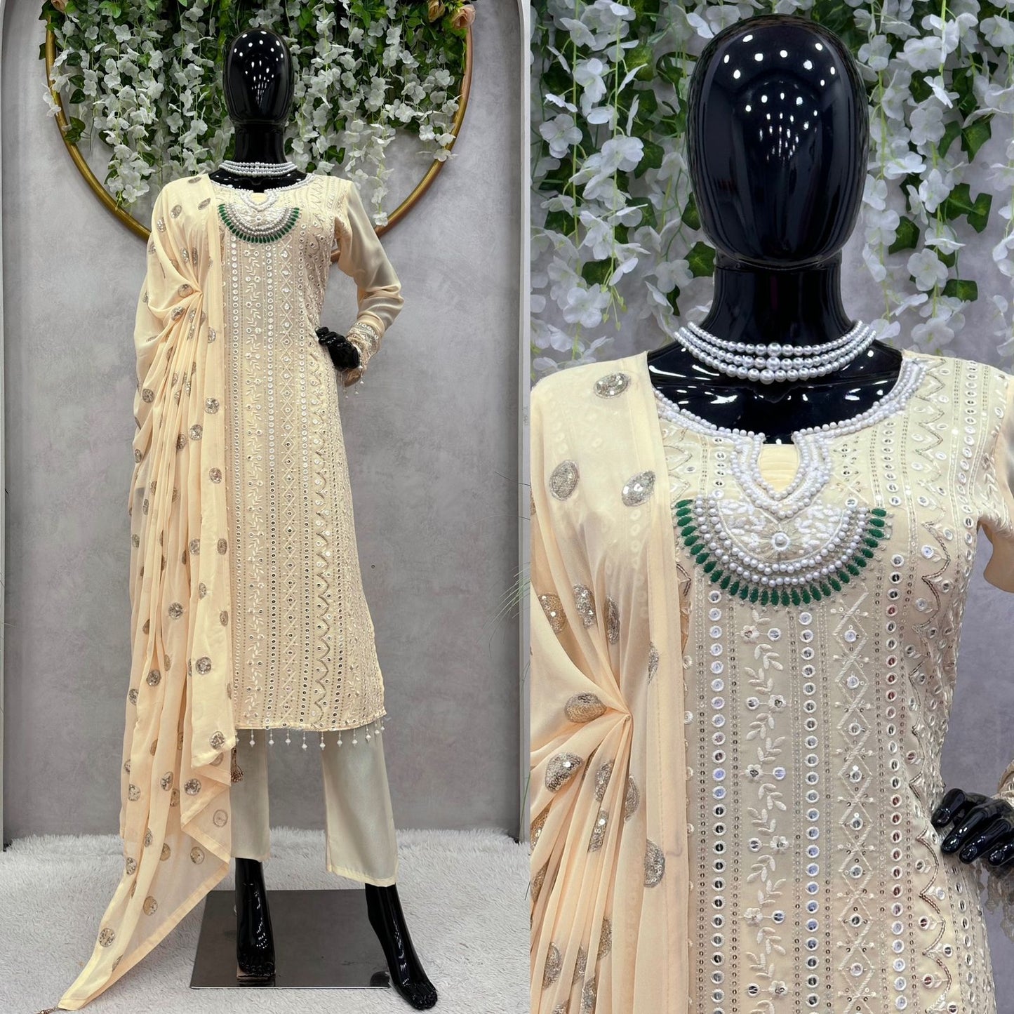Cream Color Georgette Full Stitched Suit