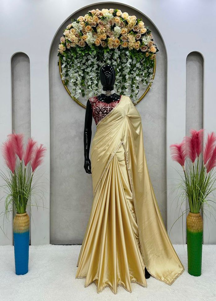 Golden J-pan Satin Silk Plain Saree with Velvet Work Blouse
