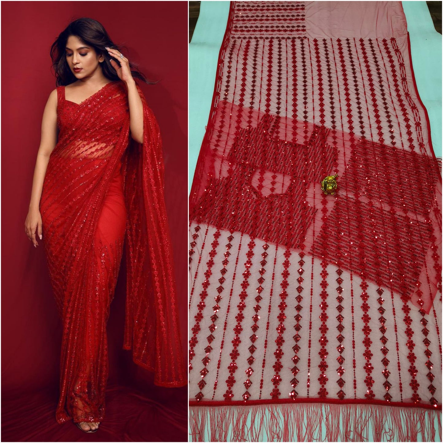 Party Wear Red Soft Net Sequence Work Designer Saree With Embroidered Blouse