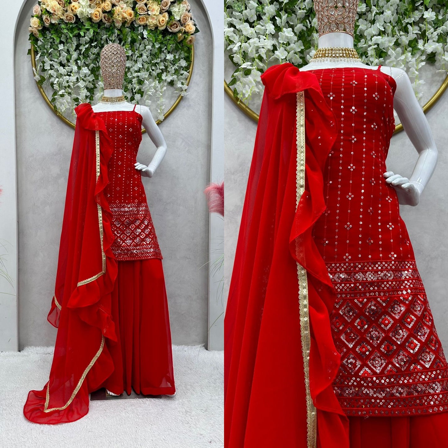 Lovely Red Color Georgette Fully Stitched Sharara Suit For Function Wear