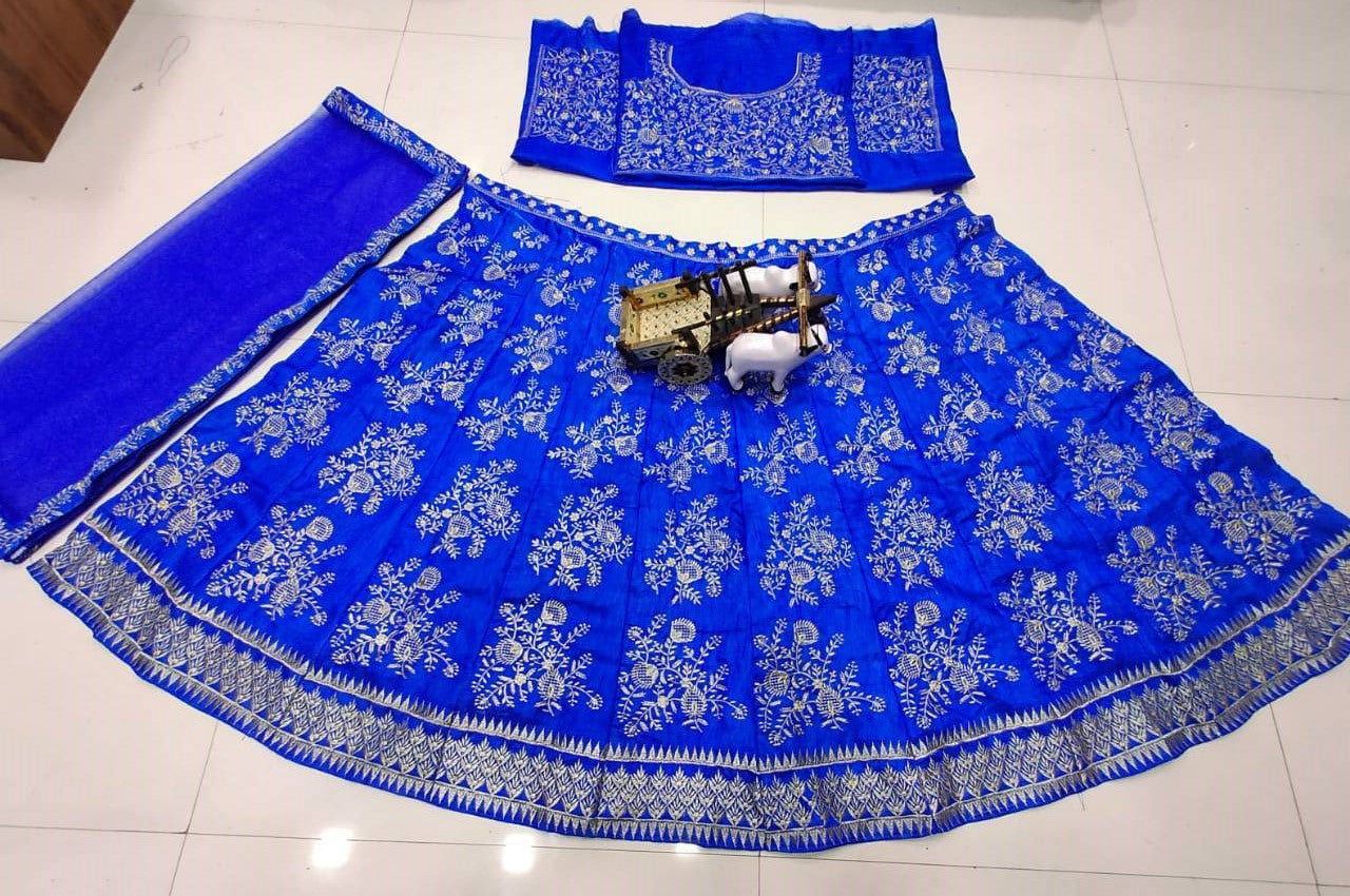 Royal Blue Satin Silk Embroidered Semi Stitched Lehenga Choli