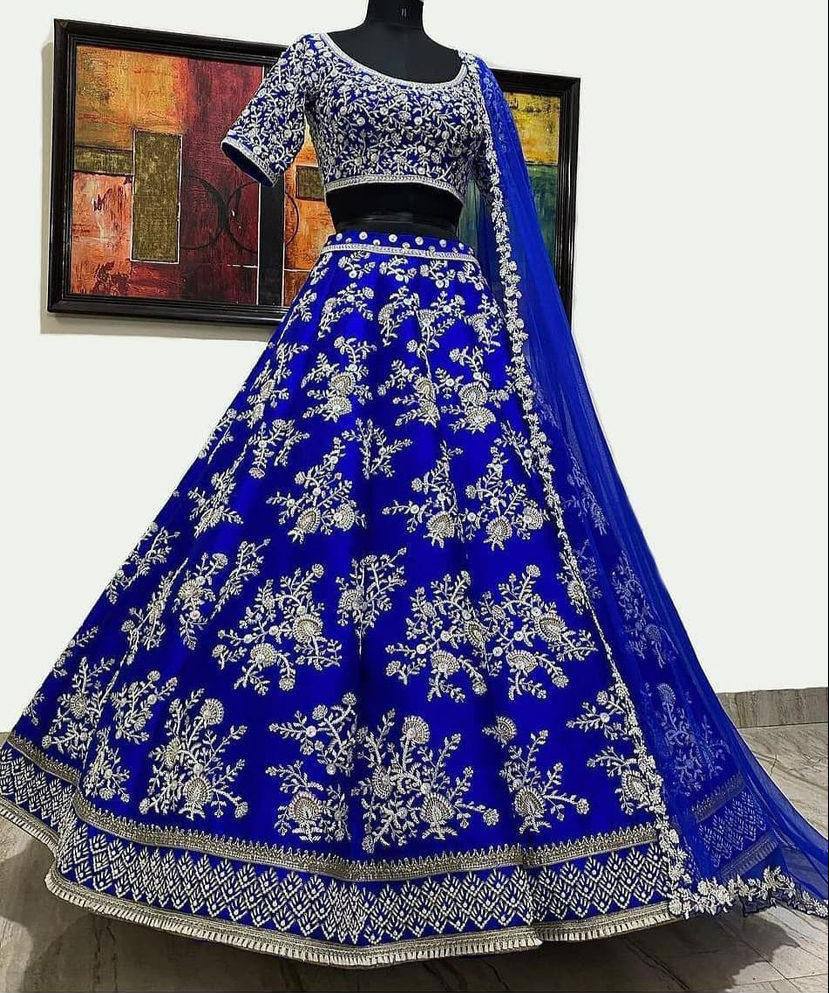 Royal Blue Satin Silk Embroidered Semi Stitched Lehenga Choli